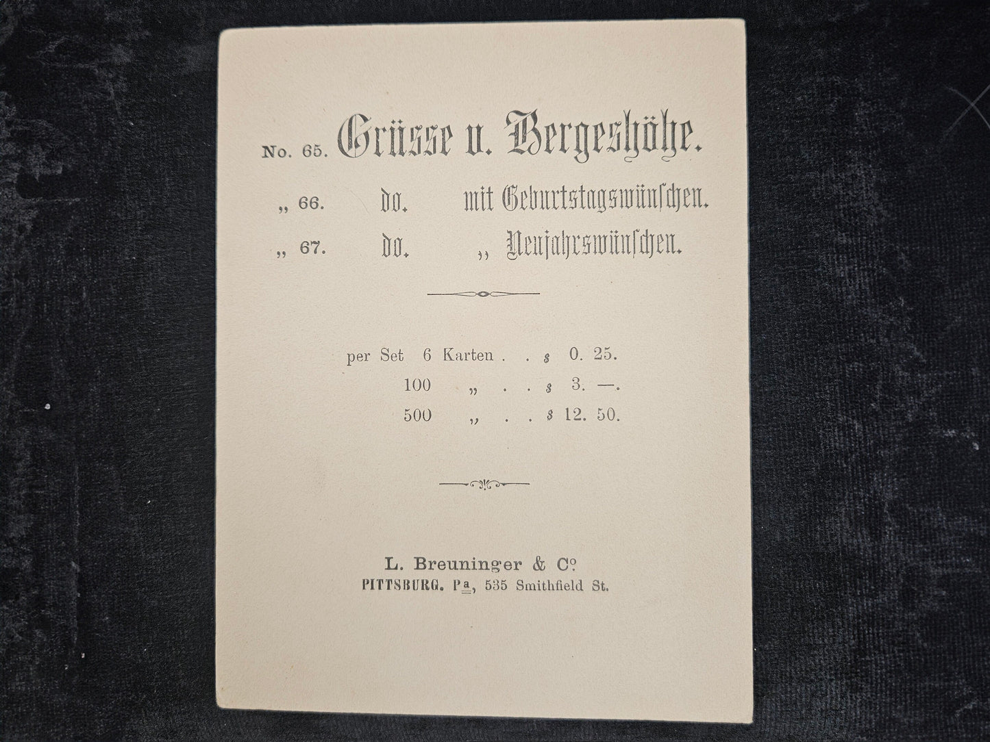 Advertisement for Prayer Cards with Psalm 121.3 - sold from  Pittsburg, Pennsylvania,  L. Breuninger