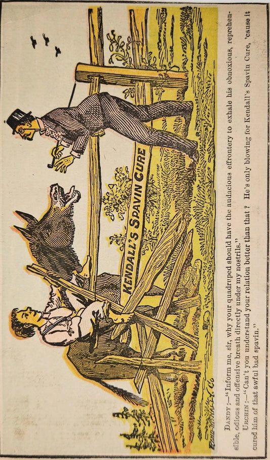 Vintage advertisement for Kendall's Spavin Cure with a man and dog on a wooden platform.
