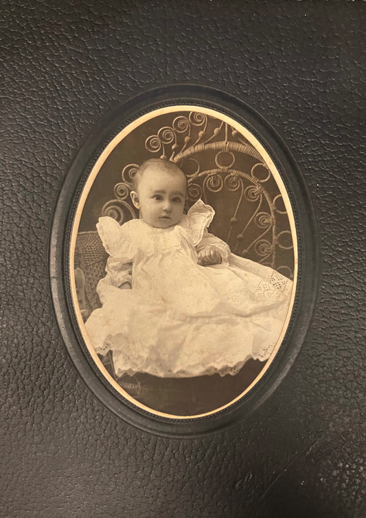 1890s Photo of Baby in Christening Gown - Embossed Leather Print Cabinet Card - Clifford & Sons Photo, Muscatine Iowa