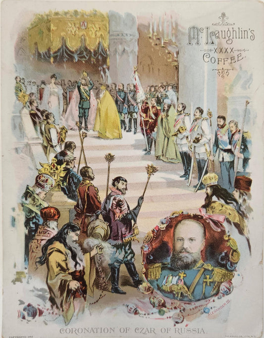 A color illustration of the 1893 Coronation of Czar of Russia, featuring various royal figures in historical clothing with a central focus on the czar.