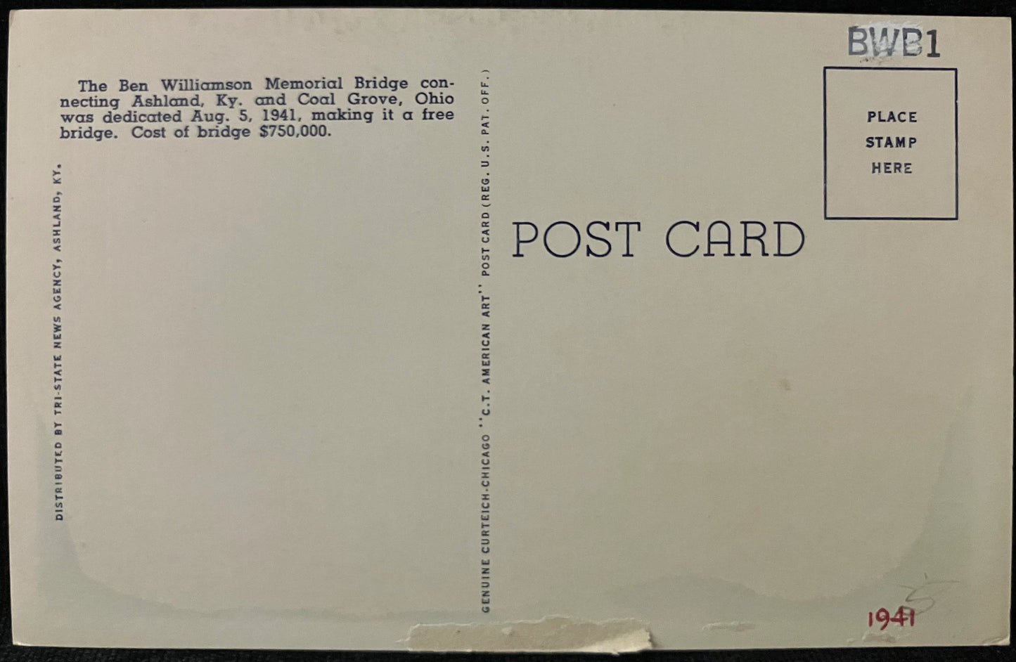 Ben Williamson Memorial Bridge - Ashland, Kentucky - 1940s Linen Postcard