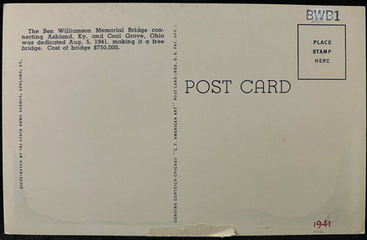 Ben Williamson Memorial Bridge - Ashland, Kentucky - 1940s Linen Postcard
