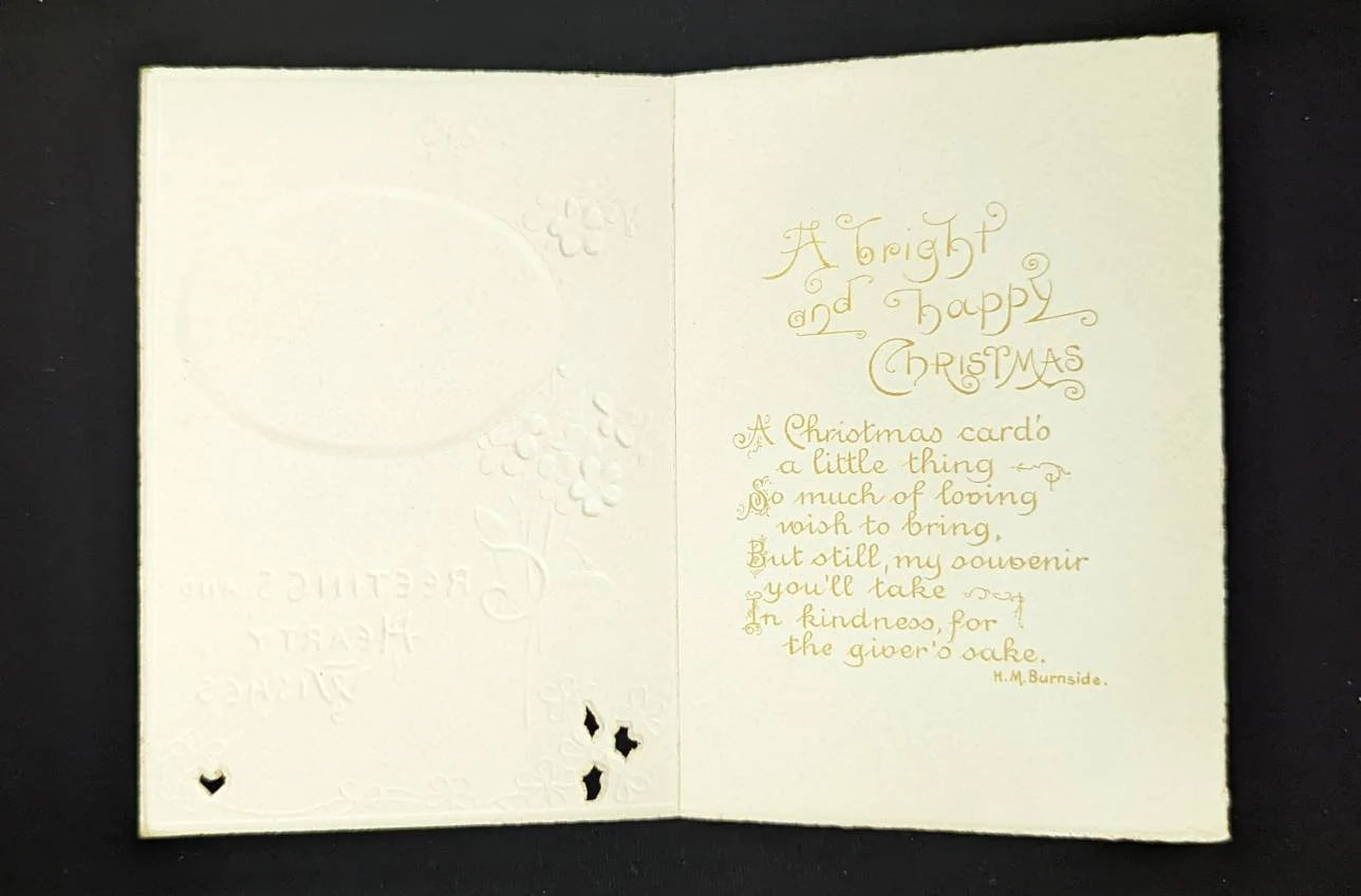 Greetings and Hearty Wishes - Vintage Christmas Card with Engraved gold Embossing - unused from 1930s