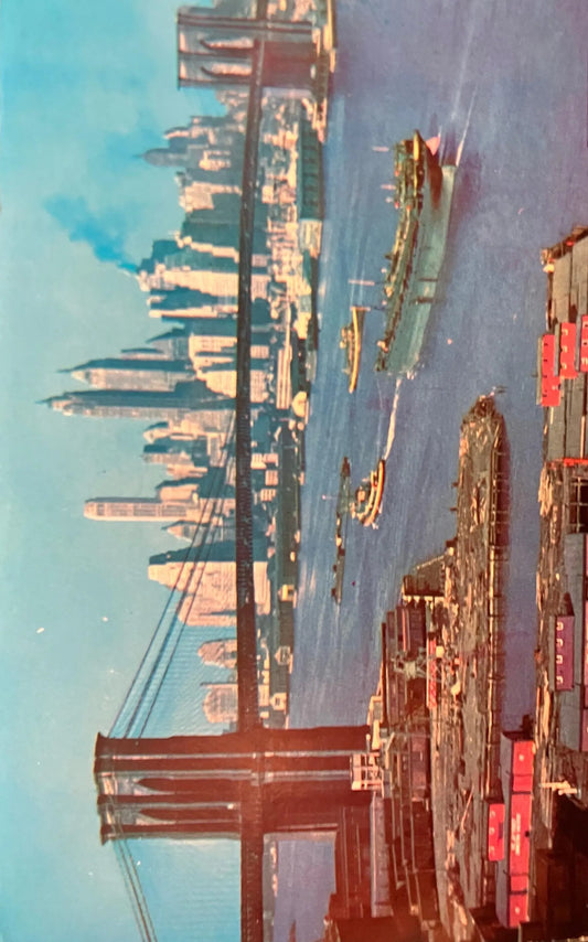 Brooklyn Bridge, East River and Lower Manhattan Skylin1e in 1970s- New York - Vintage Brooklyn Bridge Postcard - Shipping on the East River