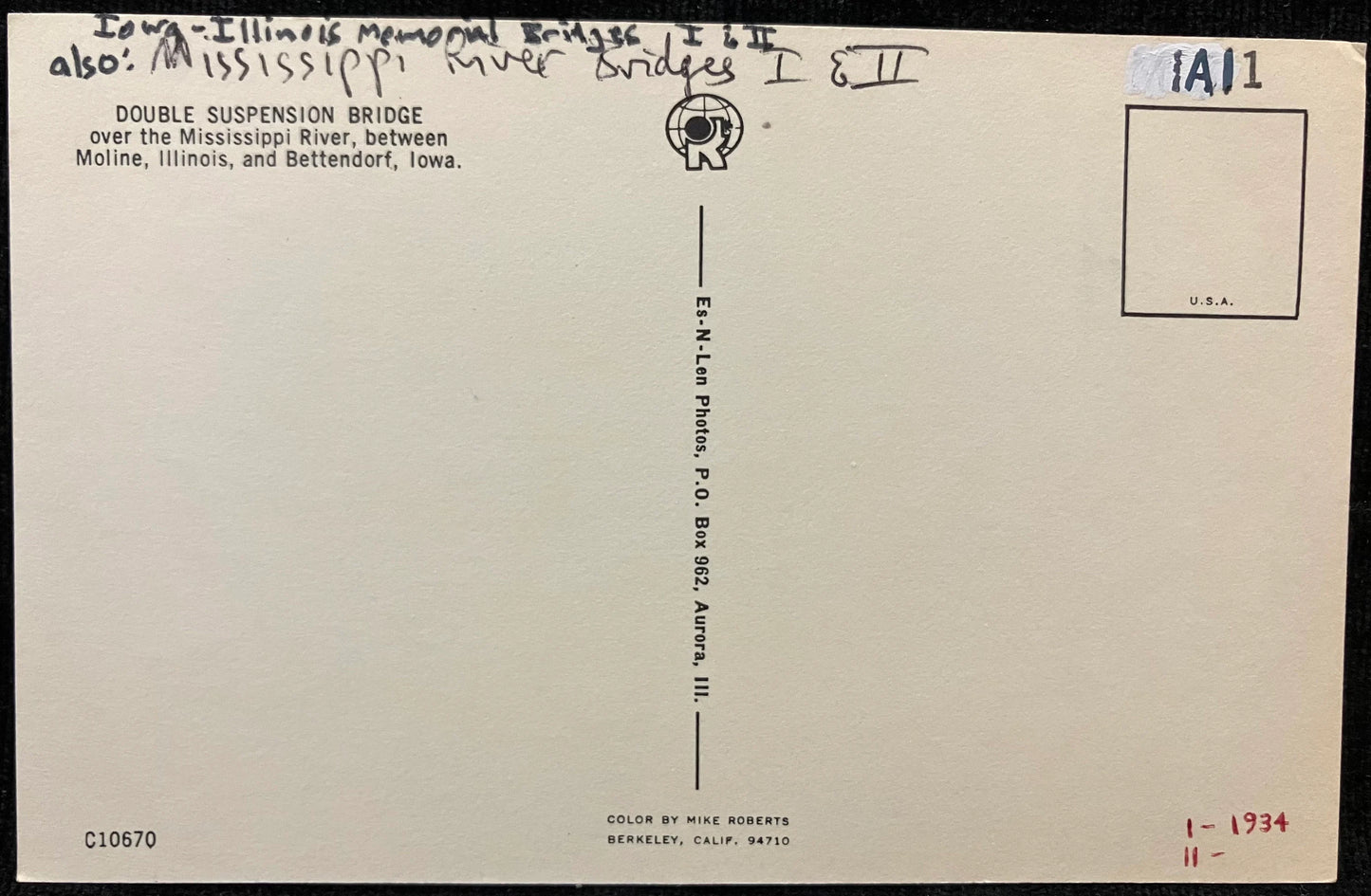 Double Suspension Bridge over the Mississippi River - Moline, Illinois - Bettendorf, Iowa - Vintage Suspension Bridge Postcard