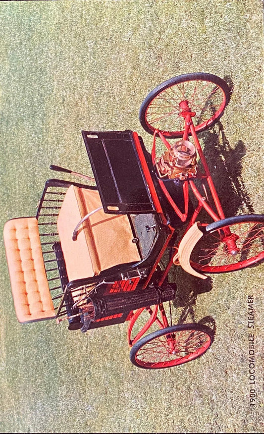 Vintage-style steam-powered vehicle with a steamer engine on a textured background