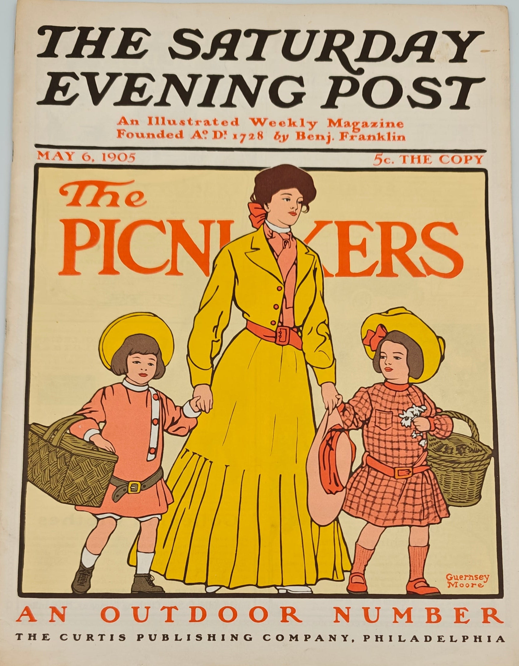 Vintage magazine cover of 'The Saturday Evening Post' with a woman and two children carrying picnic baskets