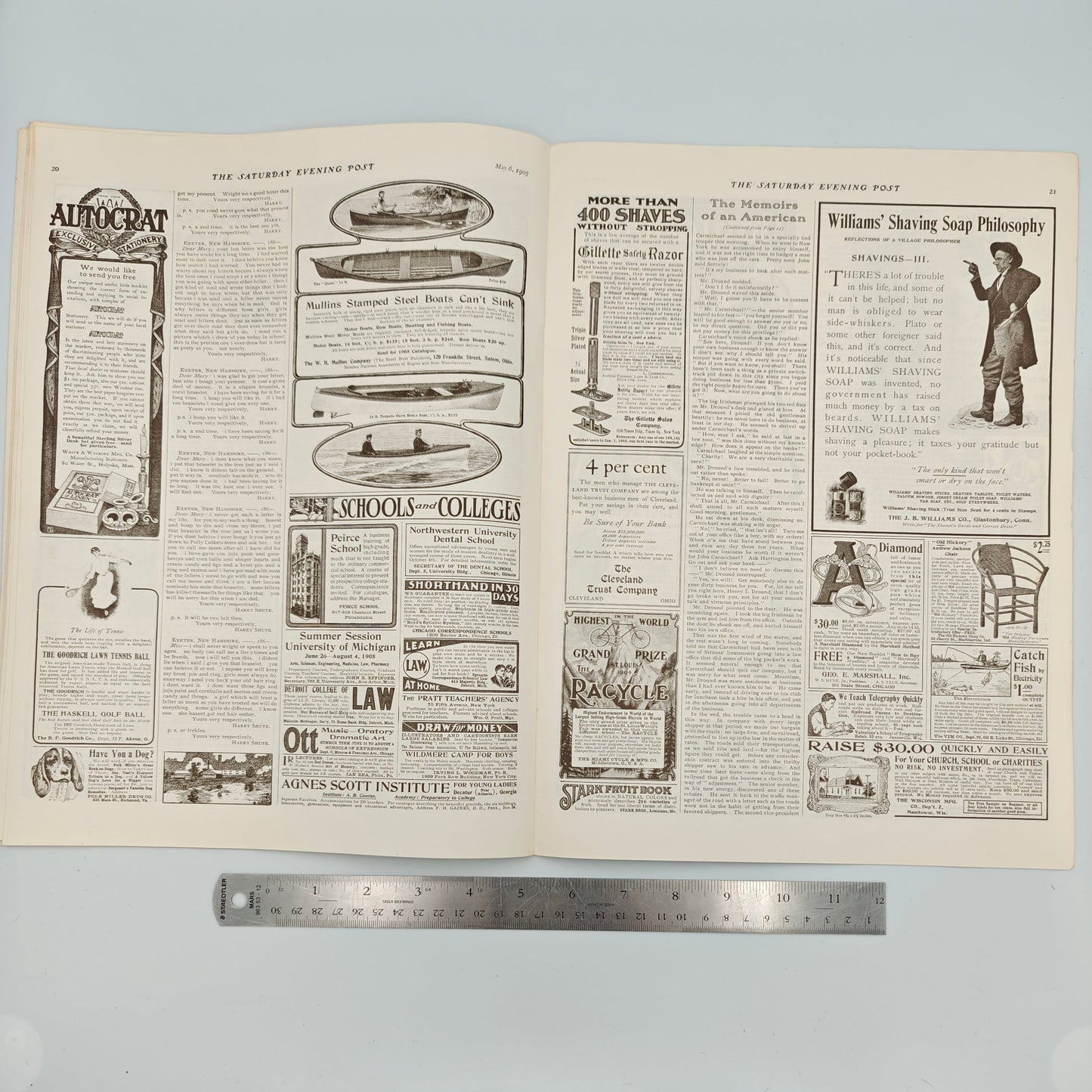 Titled "The Picknickers", this magazine features ads for Pages 20-21: Autocrat Exclusive Stationery by White &amp; Wyckoff Mfg. Co., Goodrich Lawn Tennis Ball and Haskell Golf Ball by B.F. Goodrich Co., Polk Miller's Great Book on Dogs by Polk Miller Drug Co., Mullins Stamped Steel Boats Can't Sink, More Than 400 shaves without stropping by Gillette Sales Co., Cleveland Trust Co., Racycle by Miami Cycle &amp; Mfg. Co., Williams' Shaving Soap Philosophy Reflections of a Village Philosopher by J.B. Williams
