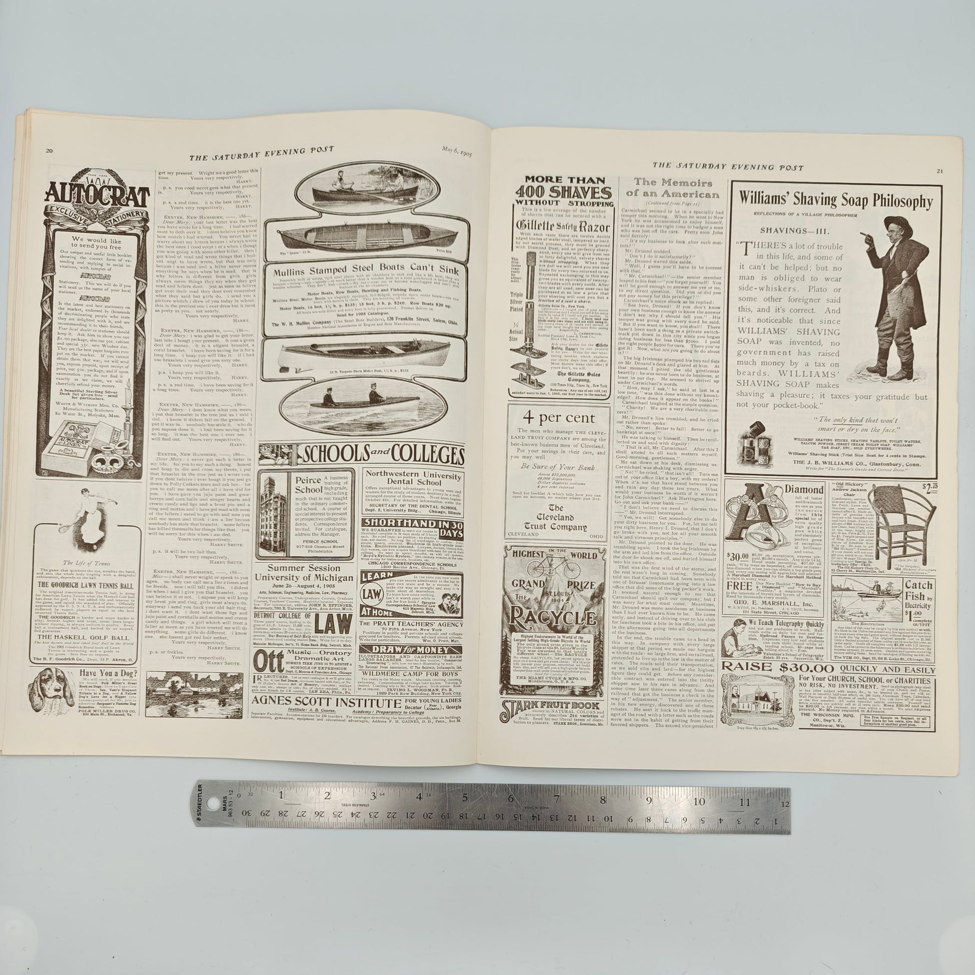 Titled "The Picknickers", this magazine features ads for Pages 20-21: Autocrat Exclusive Stationery by White &amp; Wyckoff Mfg. Co., Goodrich Lawn Tennis Ball and Haskell Golf Ball by B.F. Goodrich Co., Polk Miller's Great Book on Dogs by Polk Miller Drug Co., Mullins Stamped Steel Boats Can't Sink, More Than 400 shaves without stropping by Gillette Sales Co., Cleveland Trust Co., Racycle by Miami Cycle &amp; Mfg. Co., Williams' Shaving Soap Philosophy Reflections of a Village Philosopher by J.B. Williams
