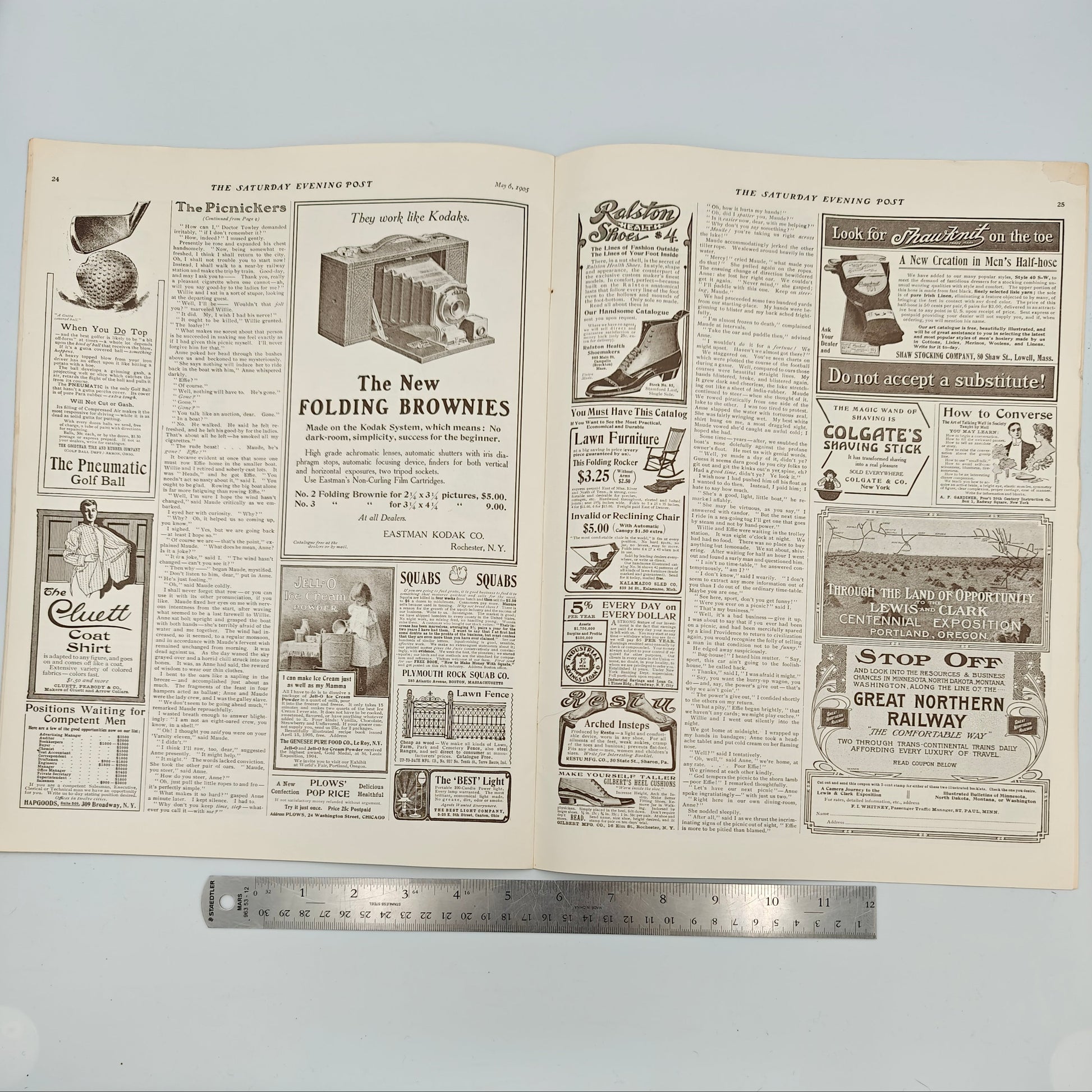 Ads "When You Do Top" Pneumatic Golf Ball, The Cluett Coat Shirt, Hapgoods Positions Waiting for Competent Men, The New Folding Brownies Kodak Brownie Camera, Jell-O Ice Cream Powder, Plows' Pop Rice, Plymouth Rock Squab Co., Lawn Fence by Up-To-Date Mfg. Co., The Best Light Co., Ralston Health Shoes, Kalamazoo Sled Co., Industrial Savings and Loan Co., Arched Insteps by Restu Mfg. Co., Make Yourself Taller Gilbert's Heel Cushions, Shawknit Men's Half-Hose, Colgate's Shaving Stick, How to Converse by A.F. 