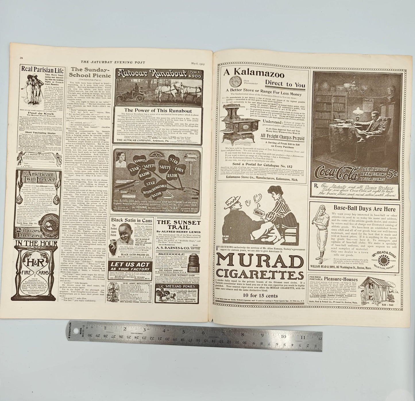 Ads: Real Parisian Life with Paul de Kock, American Twin Freezer by North Bros. Mfg. Co, H&amp;R Fire Arms, Autocar Runabout Type X, Kampfe's Star Safety Razor, Black Satin Stove Polish Co., The Sunset Trail by Alfred Henry Lewis, Skedoodle Socket-Plug, Curtis Publishing Co., Milne Brothers Shetland Ponies, Kalamazoo Stove Co., Murad Cigarettes 10 for 15 cents, Coca-Cola 5¢ "For Students and all Brain Workers", Base=Ball Days Are Here, Premier Portable Pleasure=Houses