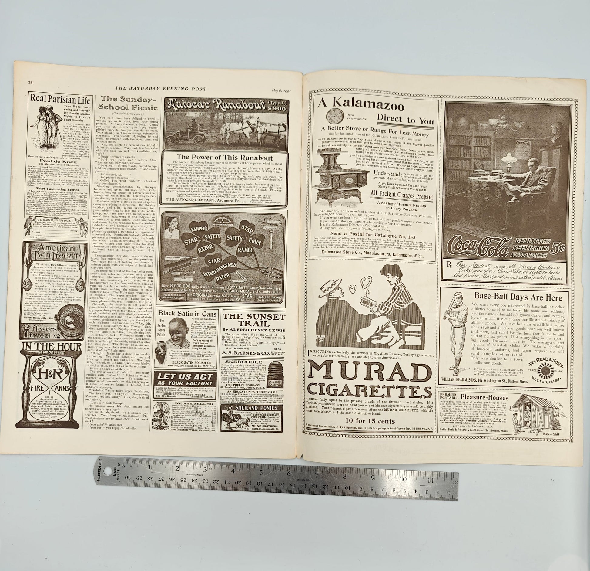 Ads: Real Parisian Life with Paul de Kock, American Twin Freezer by North Bros. Mfg. Co, H&amp;R Fire Arms, Autocar Runabout Type X, Kampfe's Star Safety Razor, Black Satin Stove Polish Co., The Sunset Trail by Alfred Henry Lewis, Skedoodle Socket-Plug, Curtis Publishing Co., Milne Brothers Shetland Ponies, Kalamazoo Stove Co., Murad Cigarettes 10 for 15 cents, Coca-Cola 5¢ "For Students and all Brain Workers", Base=Ball Days Are Here, Premier Portable Pleasure=Houses