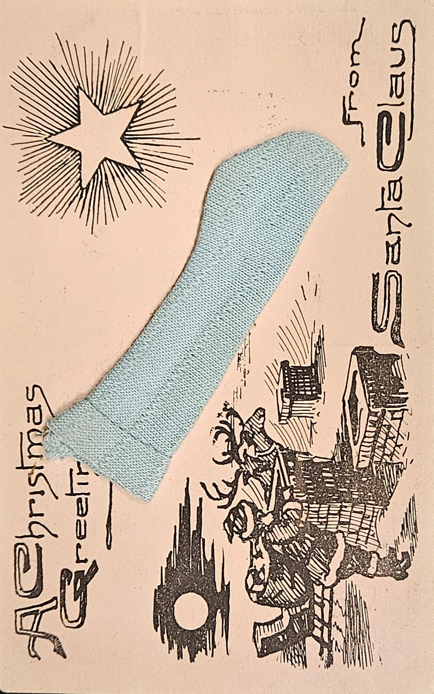 Vintage-style Christmas card with a blue stocking and Santa Claus illustration on a beige background.