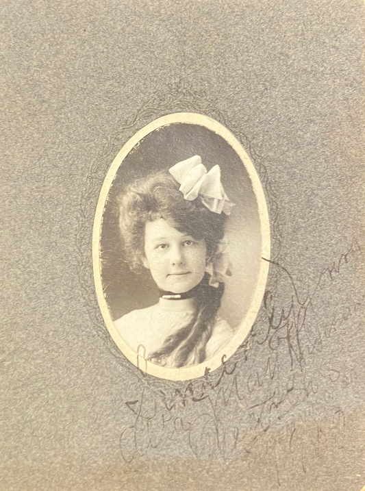 1909 Photo of beautiful Lady with Big Hair Bow and Side Ringlets - Oval Black-and-White Photo