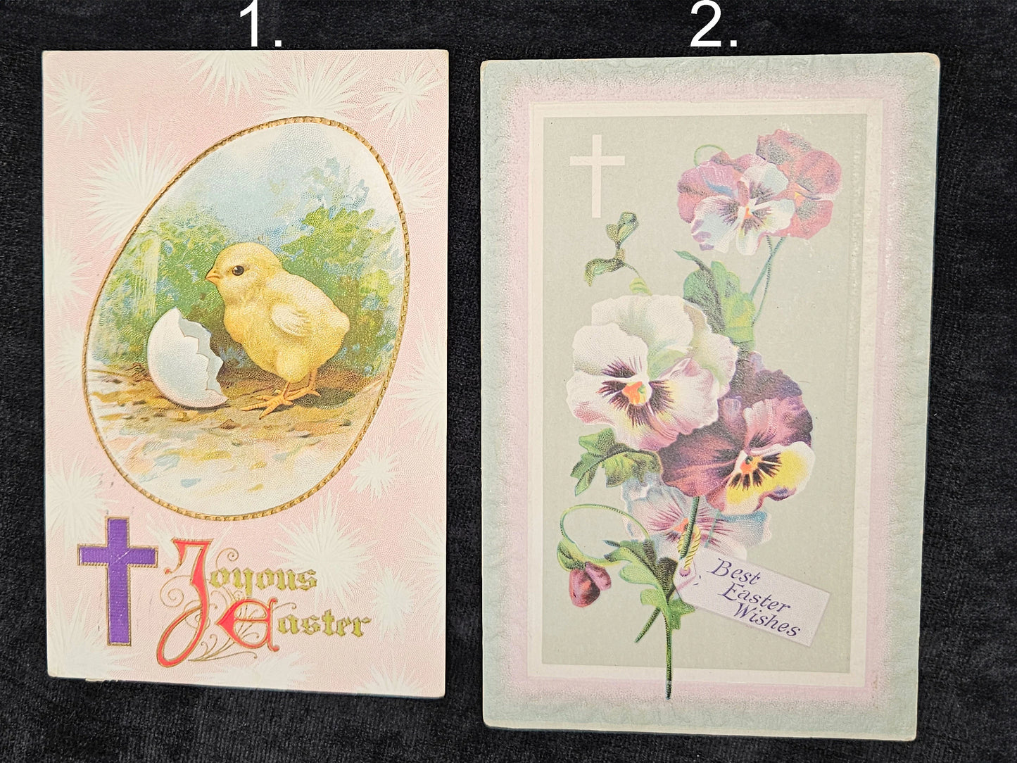 Two vintage Easter cards with chicks and flowers on a black background