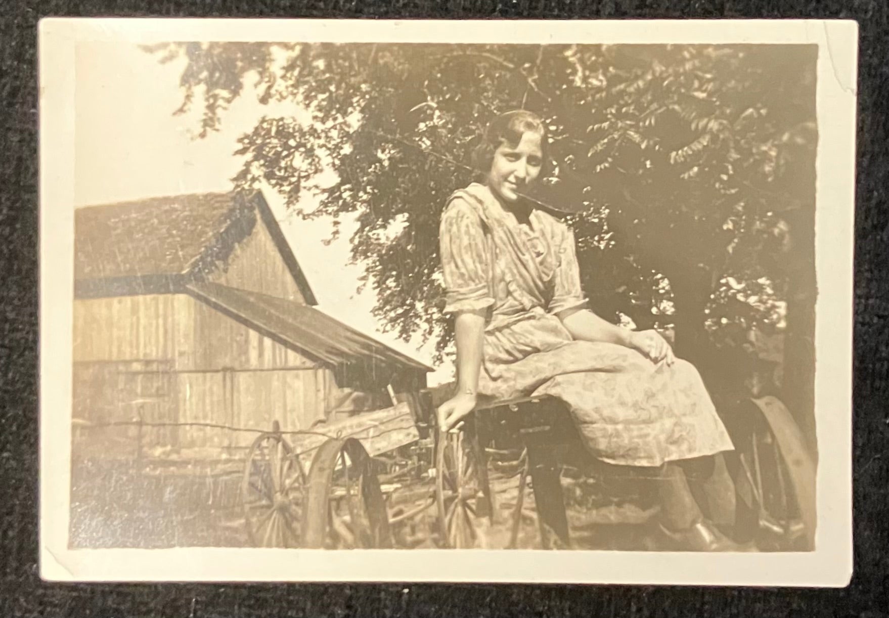 Vintage sepia-toned photograph of a woman sitting on a cart with a barn and trees in the background.
