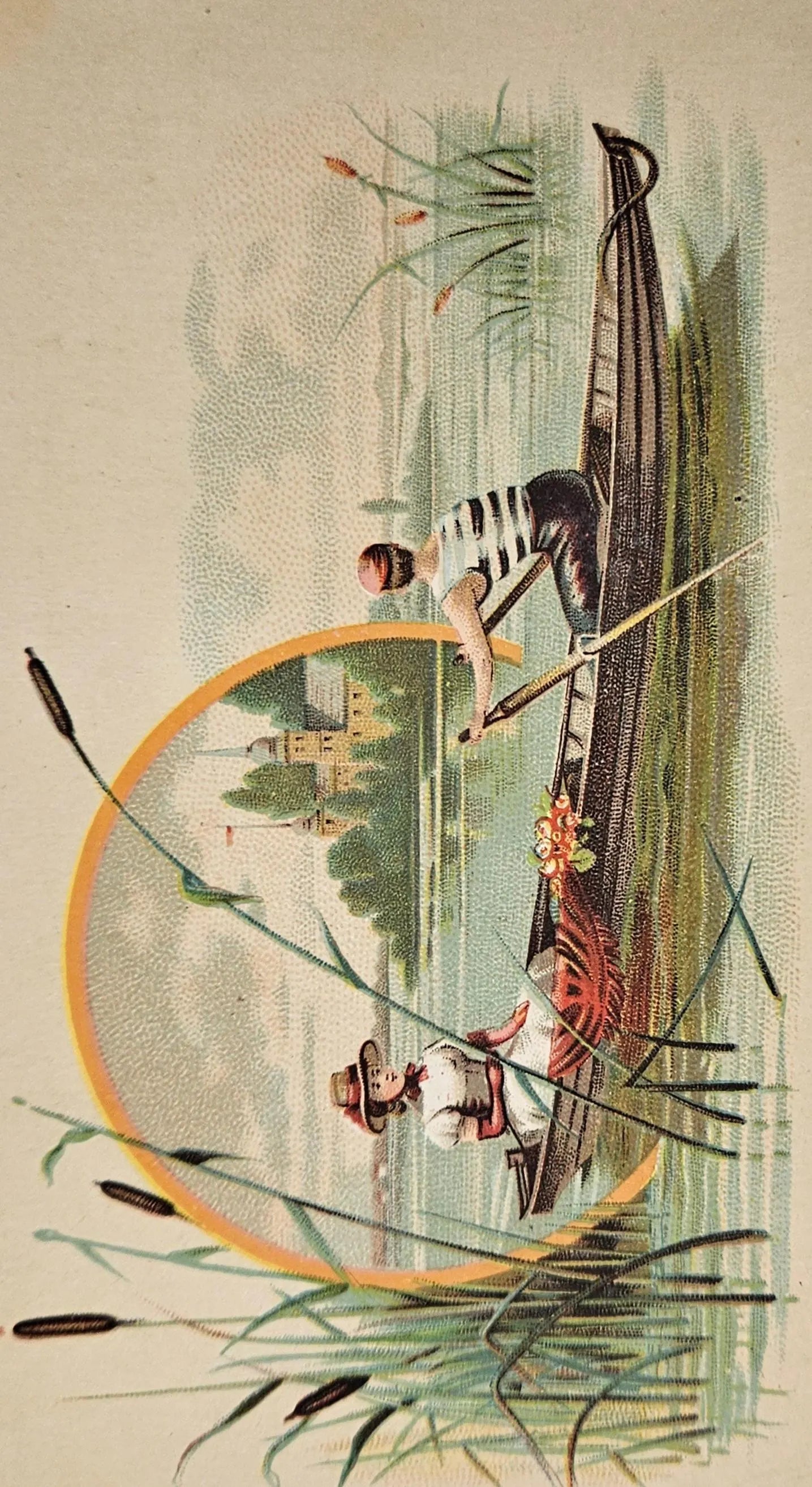 Lion Coffee Trade Card Advertisement - Woolson Spice Co. Toledo, Ohio - Couple Rowing Boat Among Cattails - Romantic Date