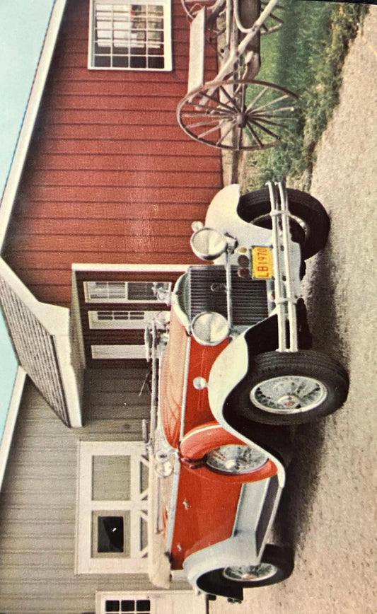Collage of a red car, house, and windmill.