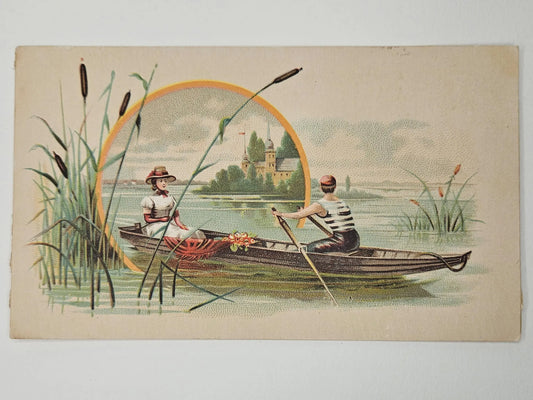Lion Coffee Trade Card Advertisement - Woolson Spice Co. Toledo, Ohio - Couple Rowing Boat Among Cattails - Romantic Date