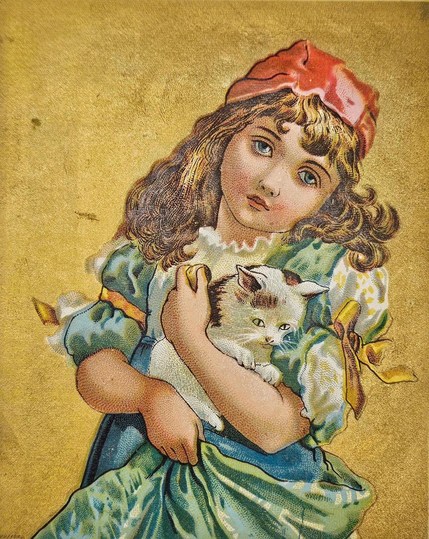 Lion Coffee Trade Card Advertisement - Young Girl With Cat On Gold Metallic Background- Woolson Spice Co- Toledo Ohio