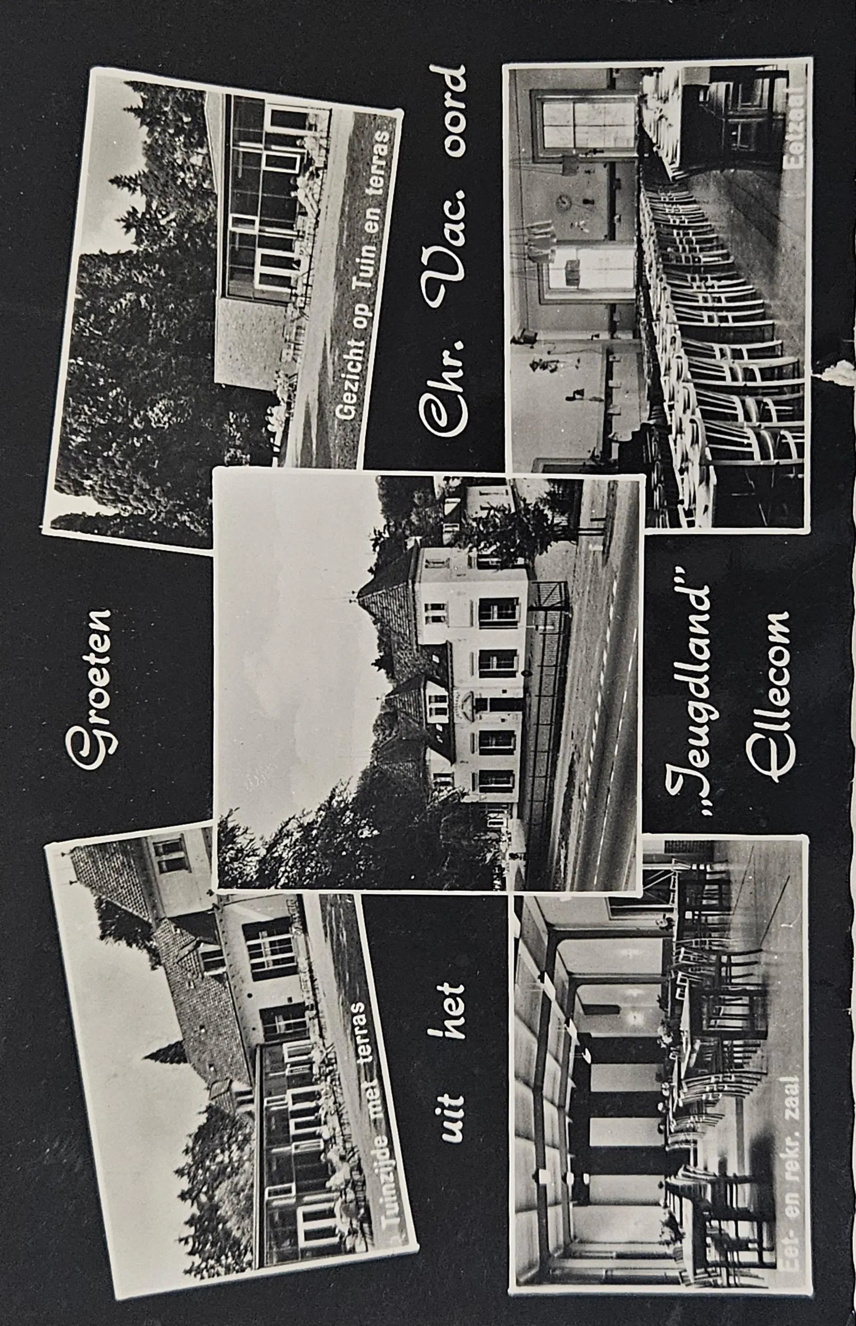 Collage of black and white photographs of buildings and trees on a dark background.