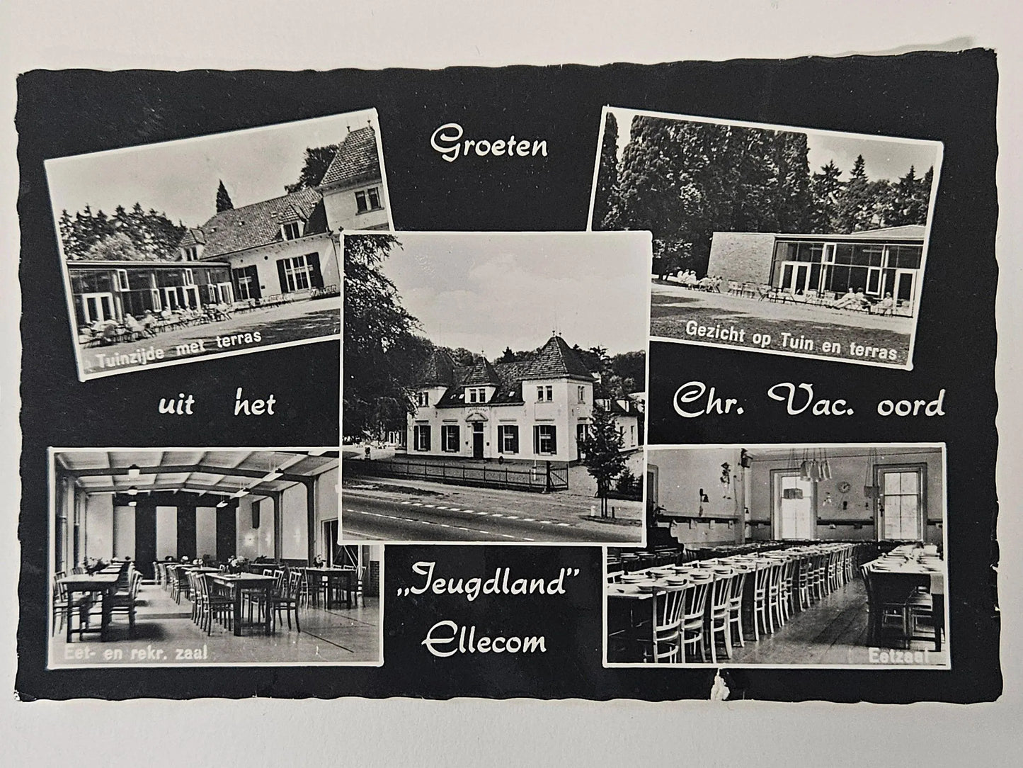 Vintage black and white postcard with multiple images of a building and its surroundings.