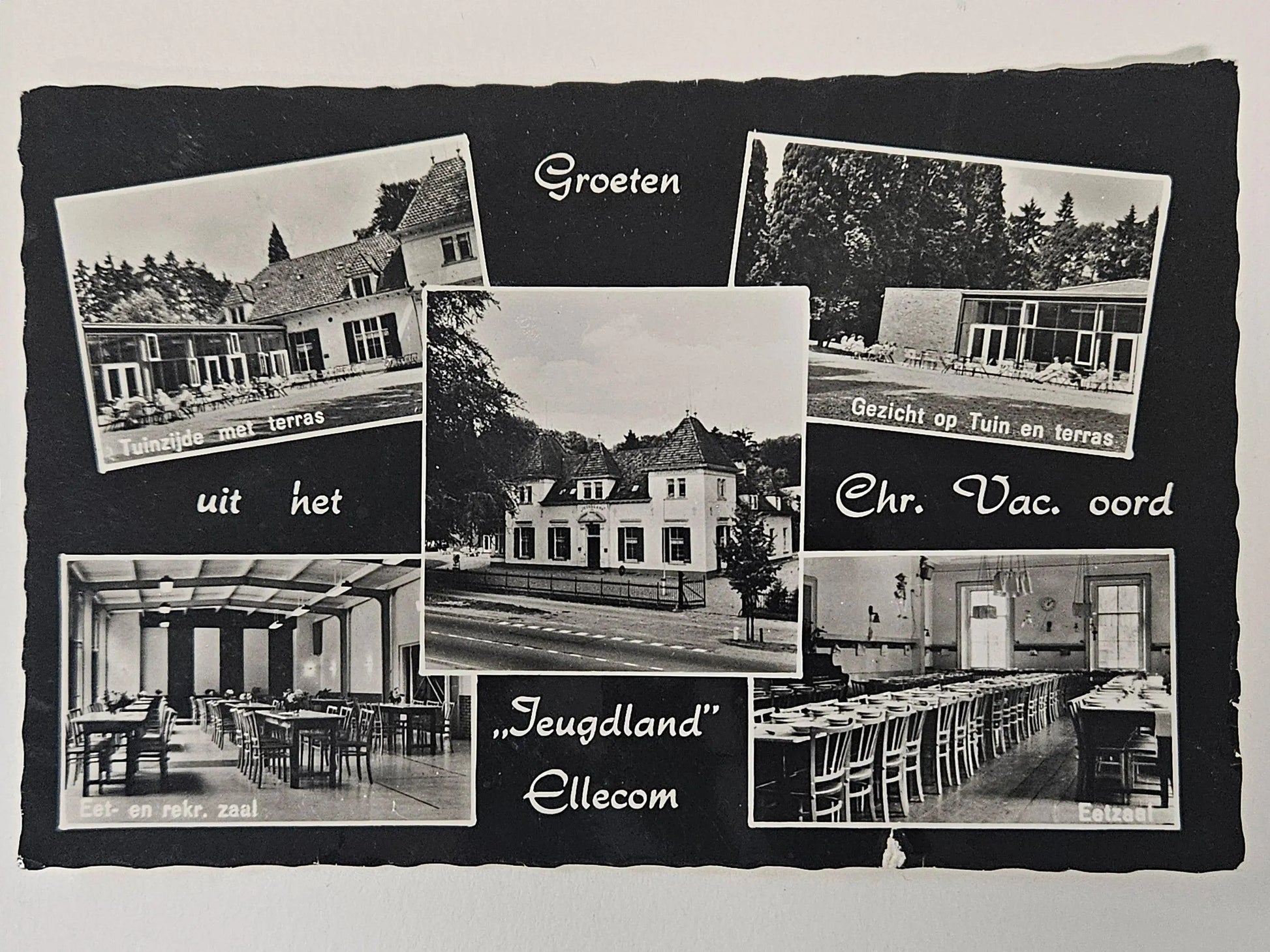 Vintage black and white postcard with multiple images of a building and its surroundings.