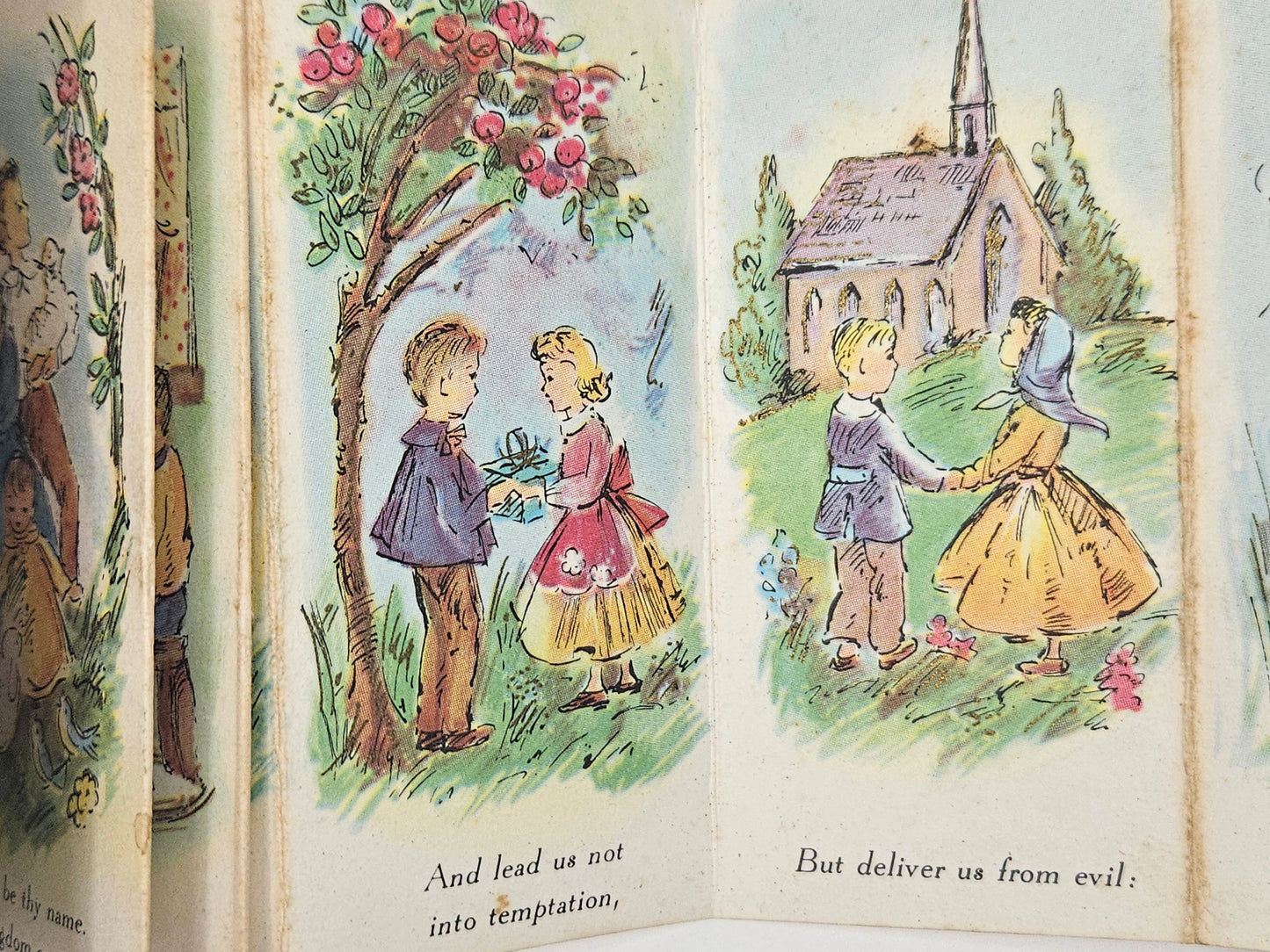 Illustrated pages from a children's book showing two boys and two girls in a garden with a church in the background.