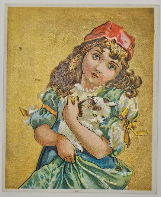 Lion Coffee Trade Card Advertisement - Young Girl With Cat On Gold Metallic Background- Woolson Spice Co- Toledo Ohio