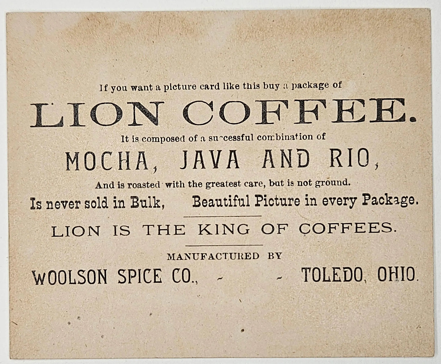 Lion Coffee Trade Card Advertisement - Young Girl With Cat On Gold Metallic Background- Woolson Spice Co- Toledo Ohio