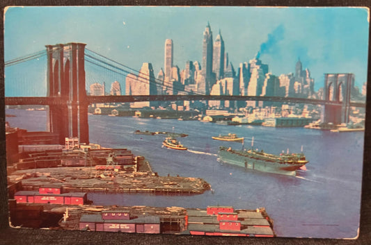 Brooklyn Bridge, East River and Lower Manhattan Skylin1e in 1970s- New York - Vintage Brooklyn Bridge Postcard - Shipping on the East River
