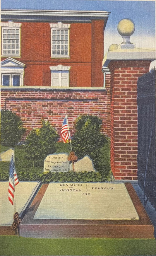 Benjamin Franklin's Grave, Christ Church Cemetery, Philadelphia, Pennsylvania - Vintage Ben Franklin Postcard