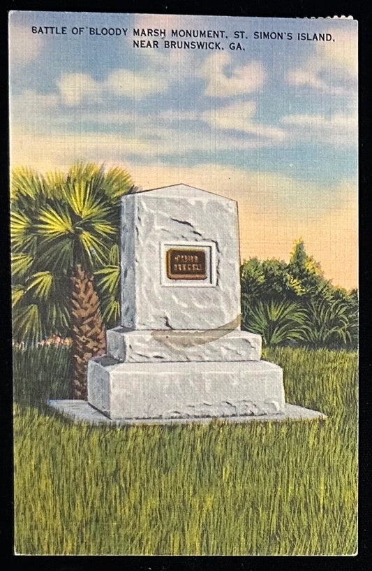 Battle of Bloody Marsh Monument - St. Simon's Island - Brunswick, GA.- Vintage Linen Postcard