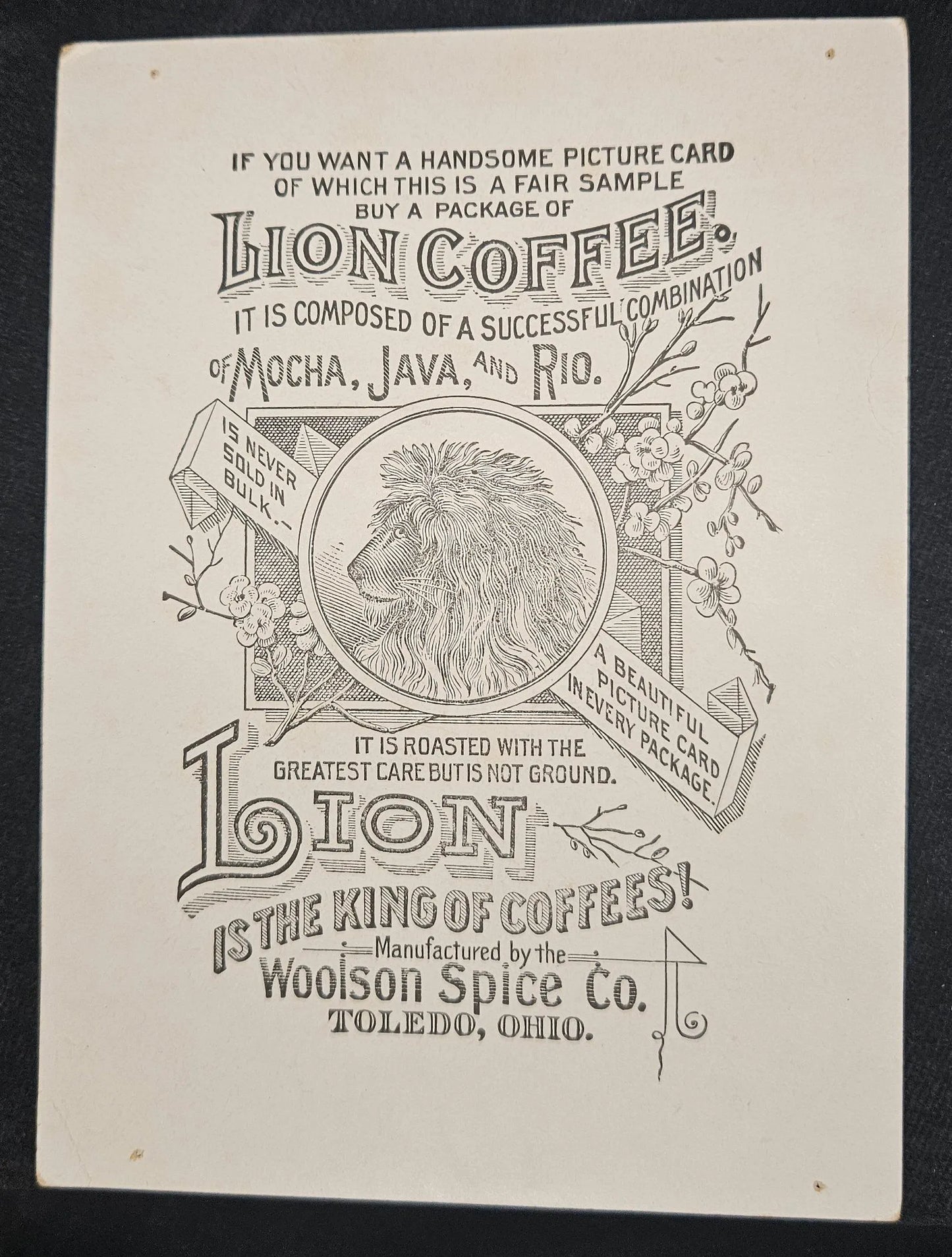 Lion Coffee, Toledo Ohio Trade Card  - Yellow Rose And Silver Metallic Crescent Moon - Advertisement