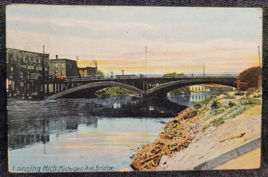 Lansing Michigan, Michigan Ave. Bridge - Hand Tinted Real Photo Postcard