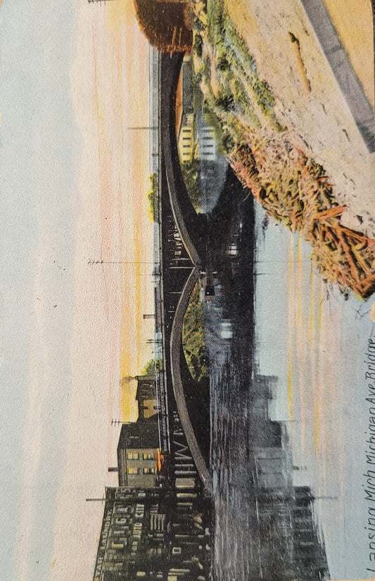 Lansing Michigan, Michigan Ave. Bridge - Hand Tinted Real Photo Postcard
