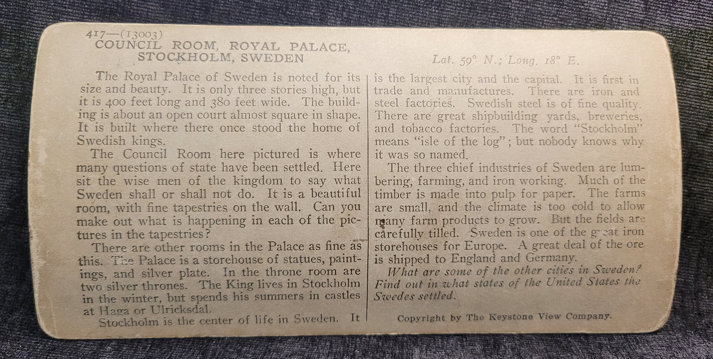The Council Room - Royal Palace - Stockholm, Sweden - Vintage Stereoview Card - 1920s Educational Series
