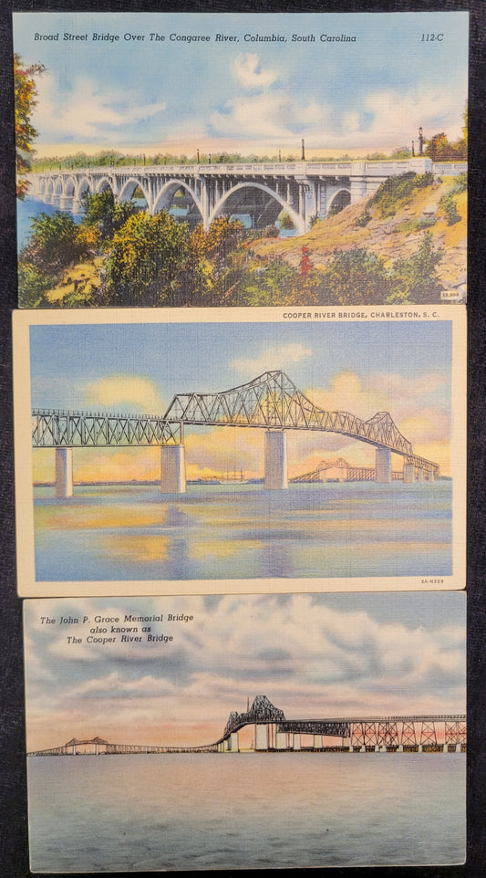 South Carolina Bridges - Broad Street Bridge over Congaree, The Cooper River Bridge, John P. Grace Bridge - Bundle of 3 Cards