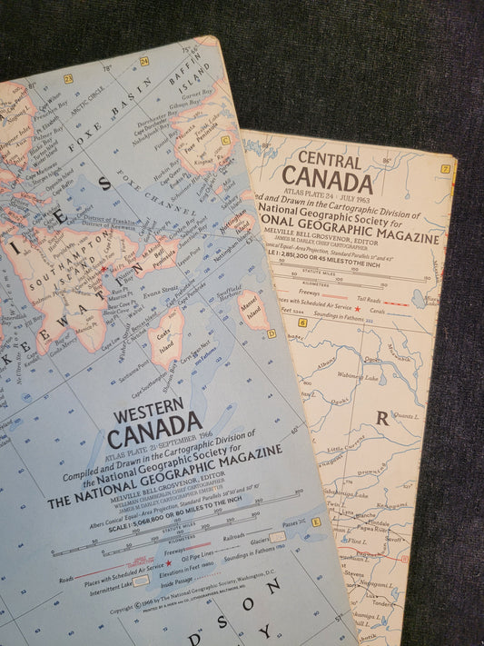 1960s National Geographic World Maps of Canada - Sold individually - Central Canada - Western Canada
