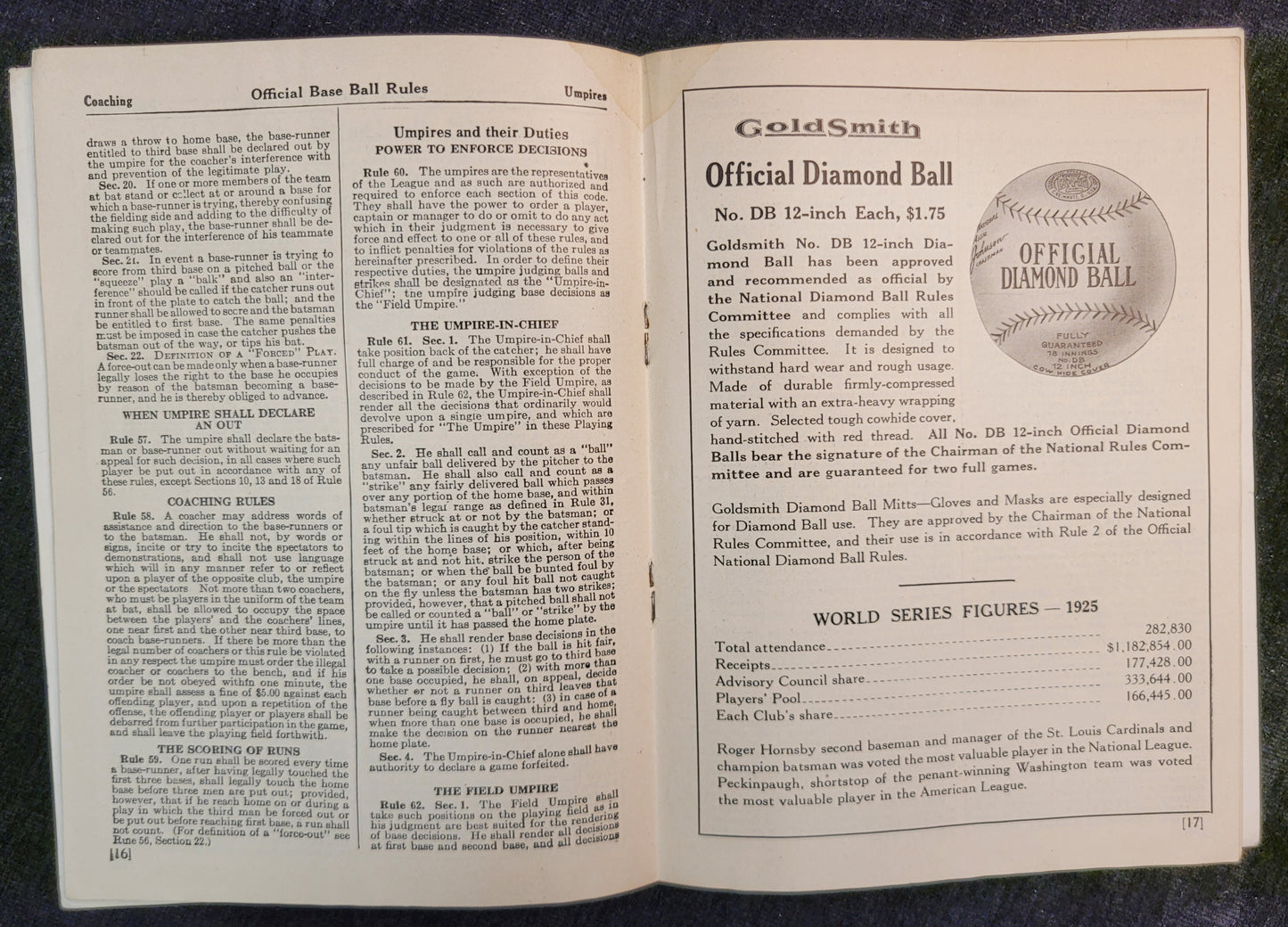 Goldsmith & Sons - Official Baseball Rules -1926 **Two In Stock!!**