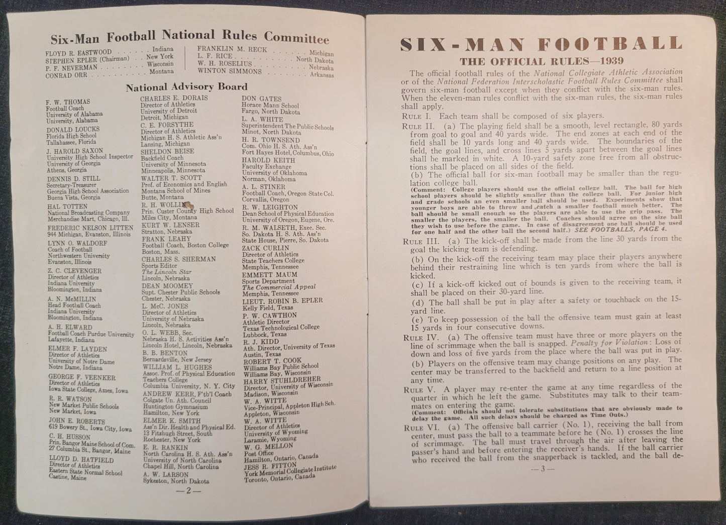 Official Rules: Six-Man Football - 1939