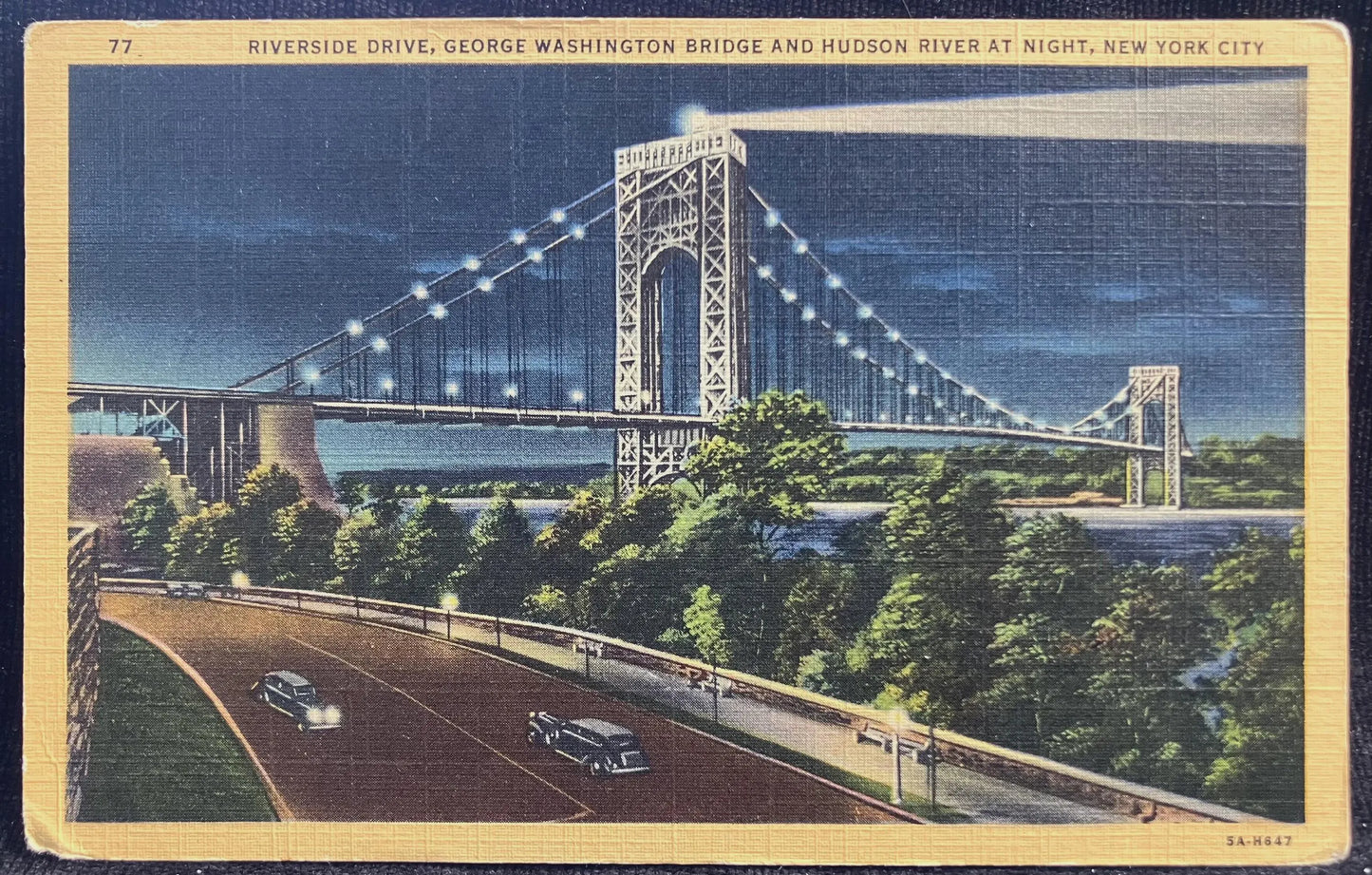 Riverside Drive, George Washington Bridge and Hudson River at Night, New York City - Vintage Postcard