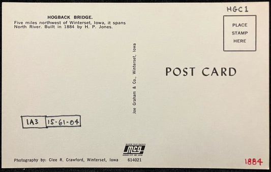 Hogback Bridge - Winterset, Iowa - Photo: Clee R. Crawford - Vintage Covered Bridge Postcard