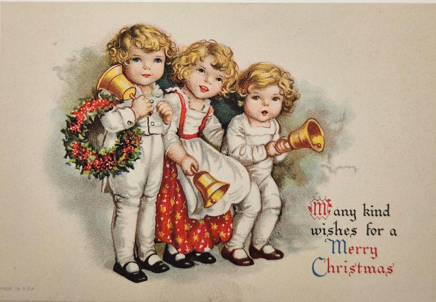 Three Blonde Children With Bells And Wreath- 1928 Christmas Vintage Postcard