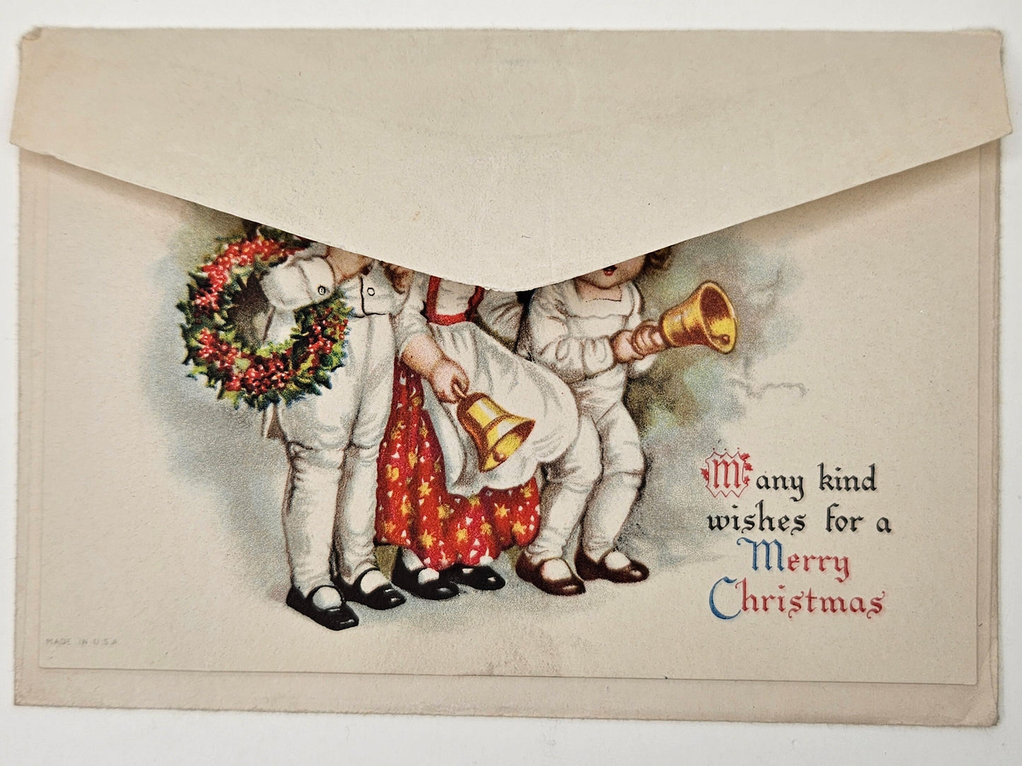 Three Blonde Children With Bells And Wreath- 1928 Christmas Vintage Postcard