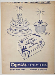 Cypress Novelty Corp. Birthday Party Trade Card Ad. Brooklyn 8, New York