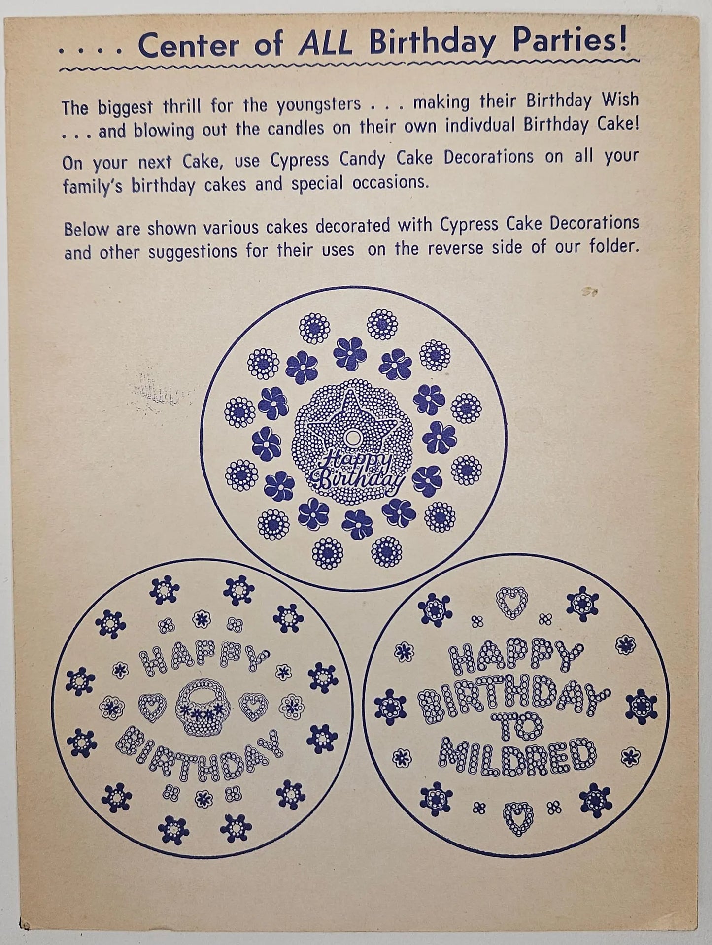 Cypress Novelty Corp. Birthday Party Trade Card Ad. Brooklyn 8, New York