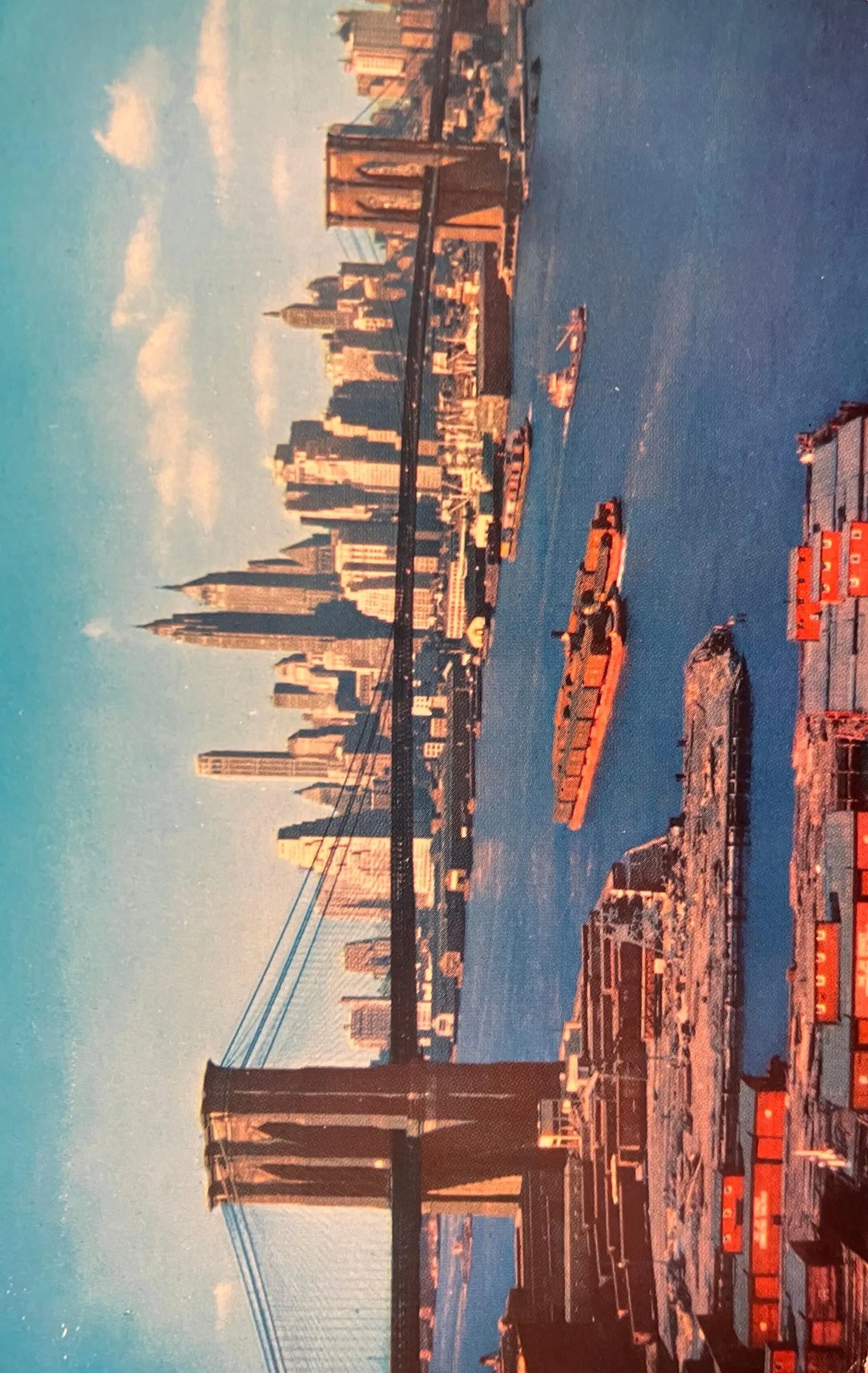 Brooklyn Bridge, New York City - New York - 1980s Hudson River Barge Traffic Postcard
