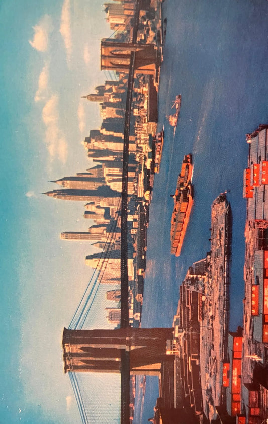 Brooklyn Bridge, New York City - New York - 1980s Hudson River Barge Traffic Postcard