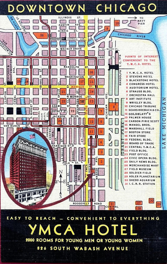 Downtown of Chicago Map to YMCA Hotel - Illinois - 1943 Linen Postcard